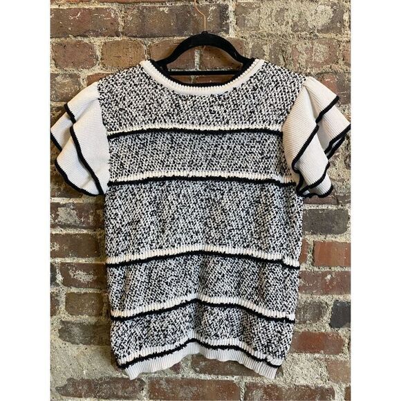 Grey Collection Latina Style Black/White Stripe Short Ruffle Sleeve Knit Sweater - Picture 5 of 7